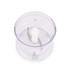 Clear plastic food processor bowl with metal blades, shown empty from above.