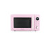 Pink microwave oven with digital display and dial, front view.