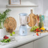 Blue Salter blender with glass jug filled with assorted fresh fruit, front view