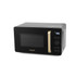 Black microwave with gold handle, digital controls, angled view