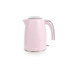 Pink electric kettle with chrome handle, showing side profile, Salter brand