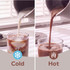 Split image showing cold iced drink and hot chocolate drink being poured