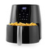Black digital air fryer with open basket, angled view