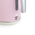 Pink electric kettle with water level indicator and chrome handle, side view