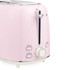 Pink two-slice toaster with dial and reheat, defrost functions, shown angled view