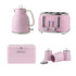 Set of pink kitchen appliances: kettle, 4-slice toaster, bread bin and canisters.
