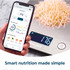 Smart kitchen scale with app showing 176g grated cheese