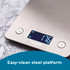 Digital kitchen scale with brushed silver platform and blue display
