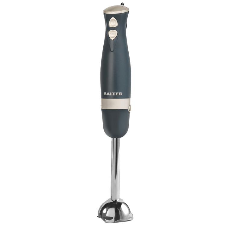 salter hand blender in a blue/grey colour with a stainless steel rod and blade