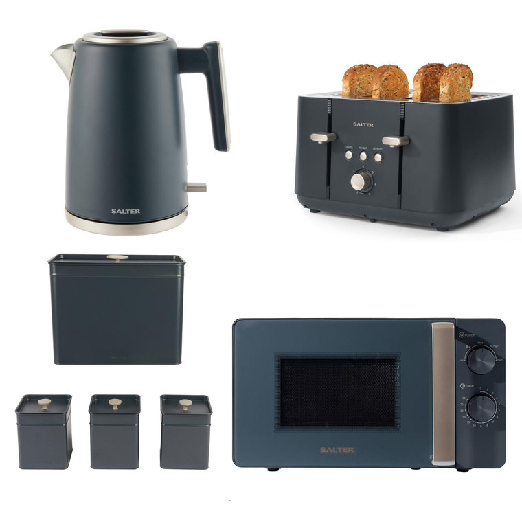 Marino Kettle, Toaster and Microwave Set –  With Storage Canisters and Bread Bin, Blue Grey 