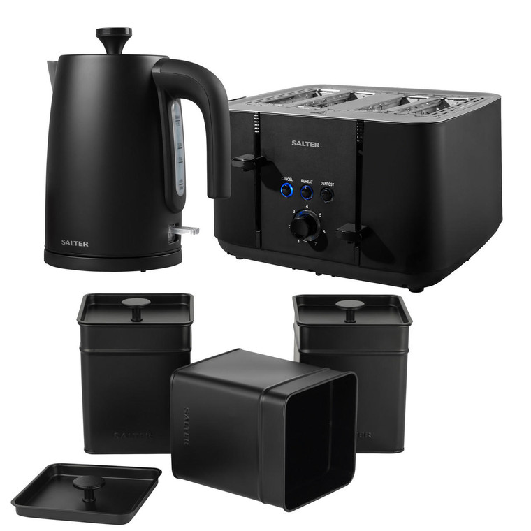 Kettle & 4 Slice Toaster Set With Storage Canisters, Black 