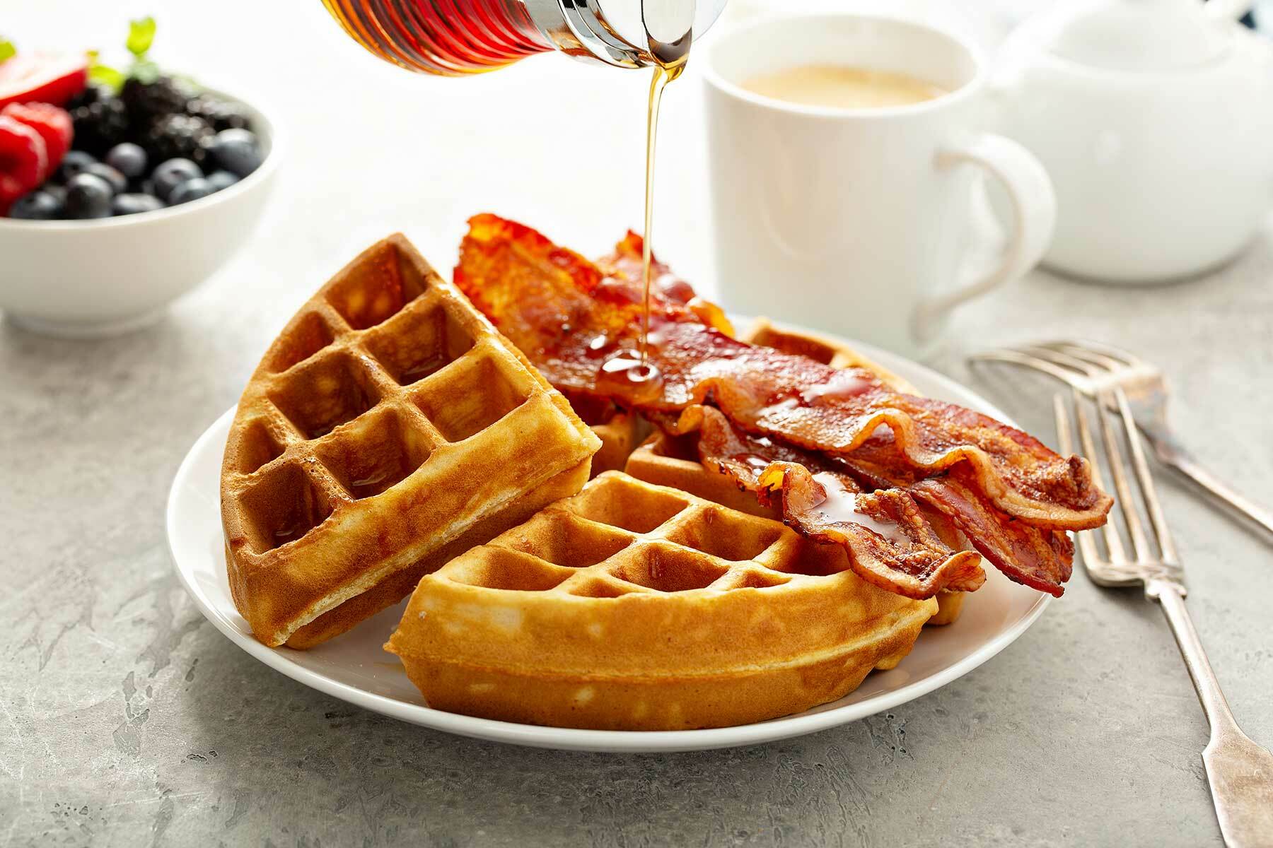 Waffles with Crispy Bacon and Maple Syrup Recipe Image