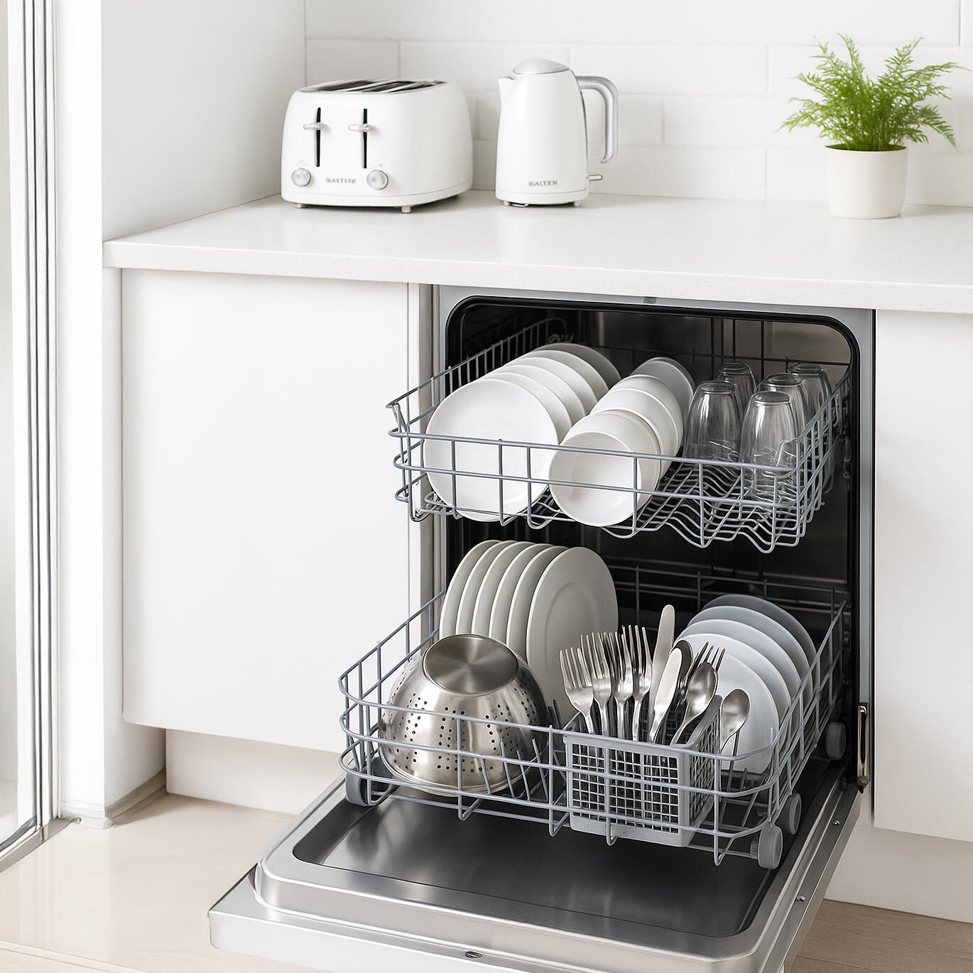 Dishwasher full of plates and cutlery 