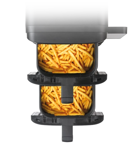 Air fryer showing 2 baskets with fries being cooked