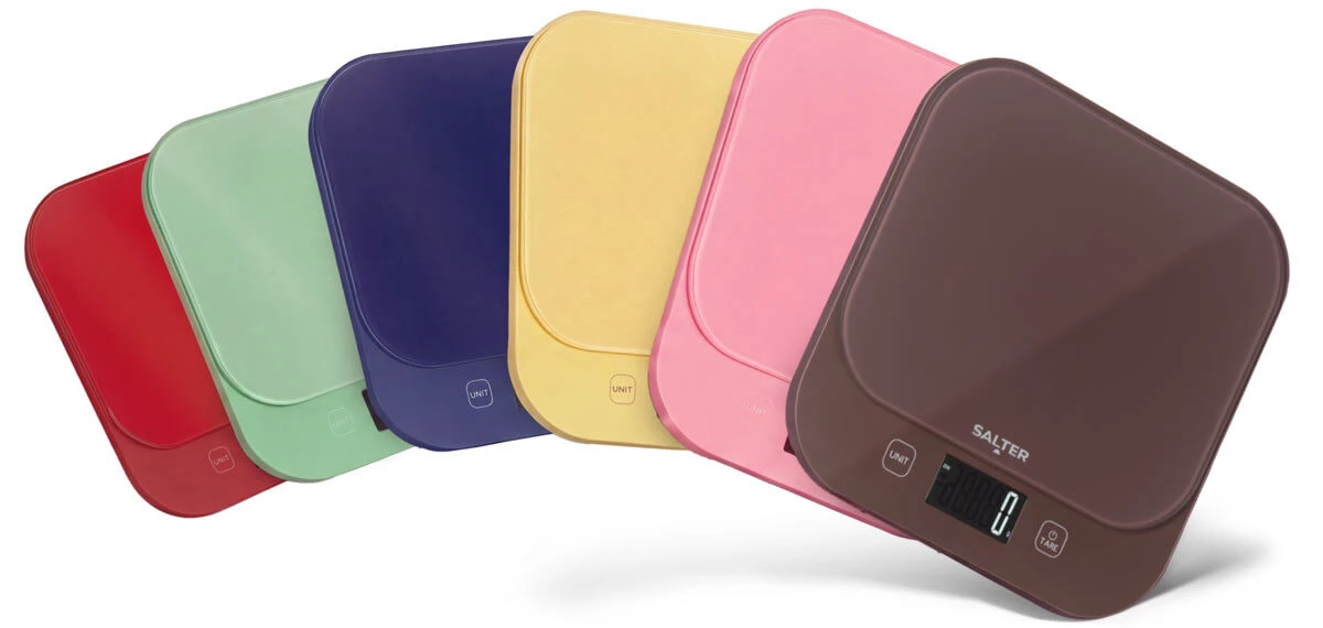 Salter British Bakes scales in red, green, blue, yellow, pink and brown