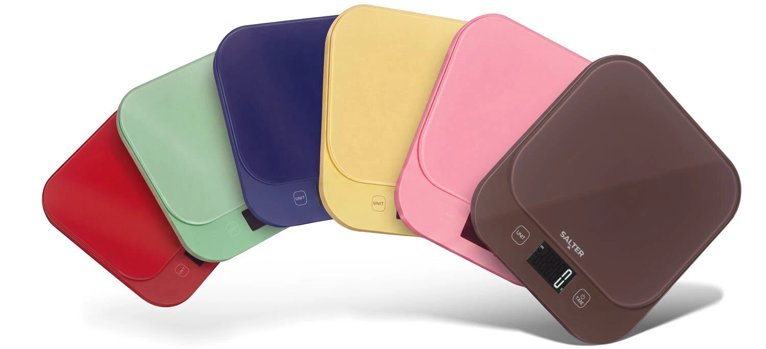 Salter British Bakes scales in red, green, blue, yellow, pink and brown
