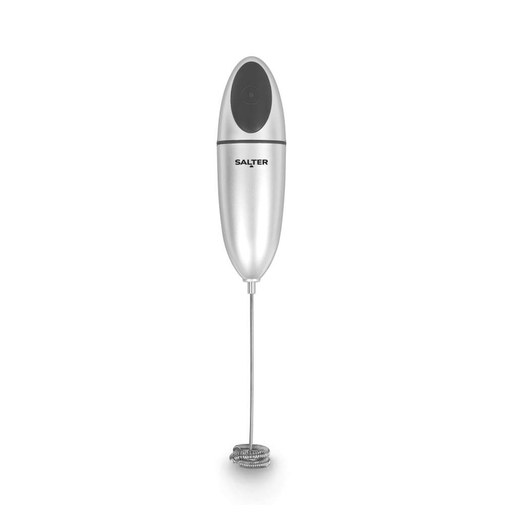 Silver handheld milk frother with Salter branding