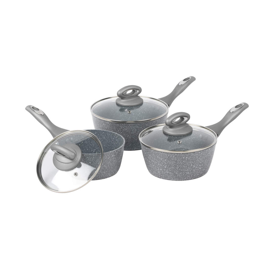 Set of three grey non-stick saucepans with glass lids, displayed on white background.