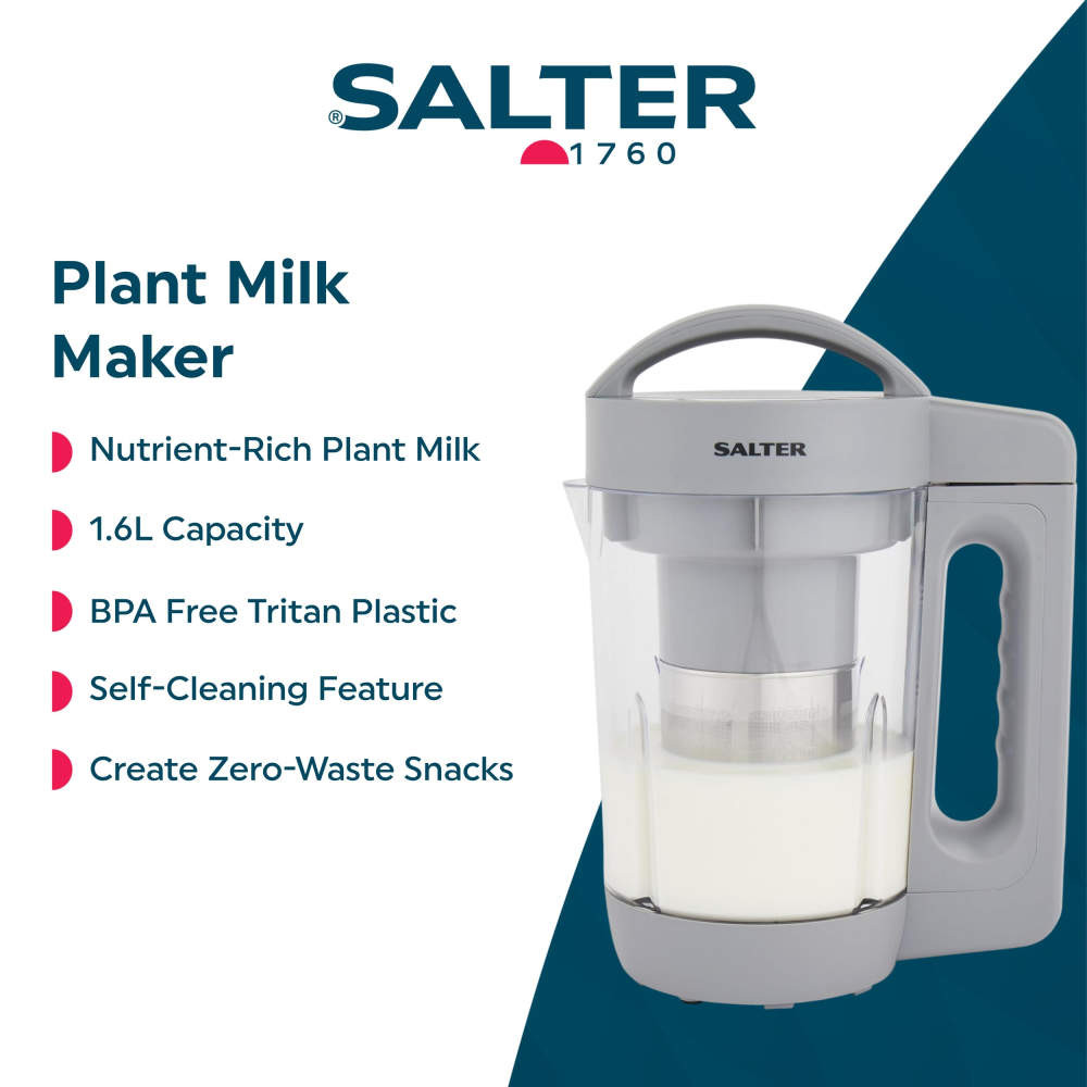 Grey Salter plant milk maker, 1.6L capacity, shown with milk inside on a white and teal background.