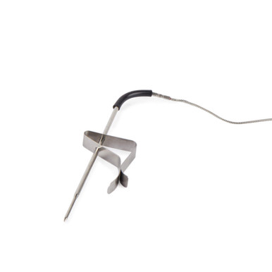 Stainless steel meat probe with curved holder and cable, shown on white background