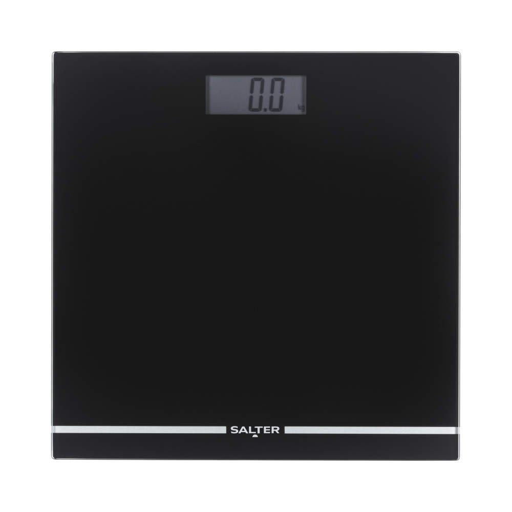 Black digital bathroom scale with Salter branding, front view
