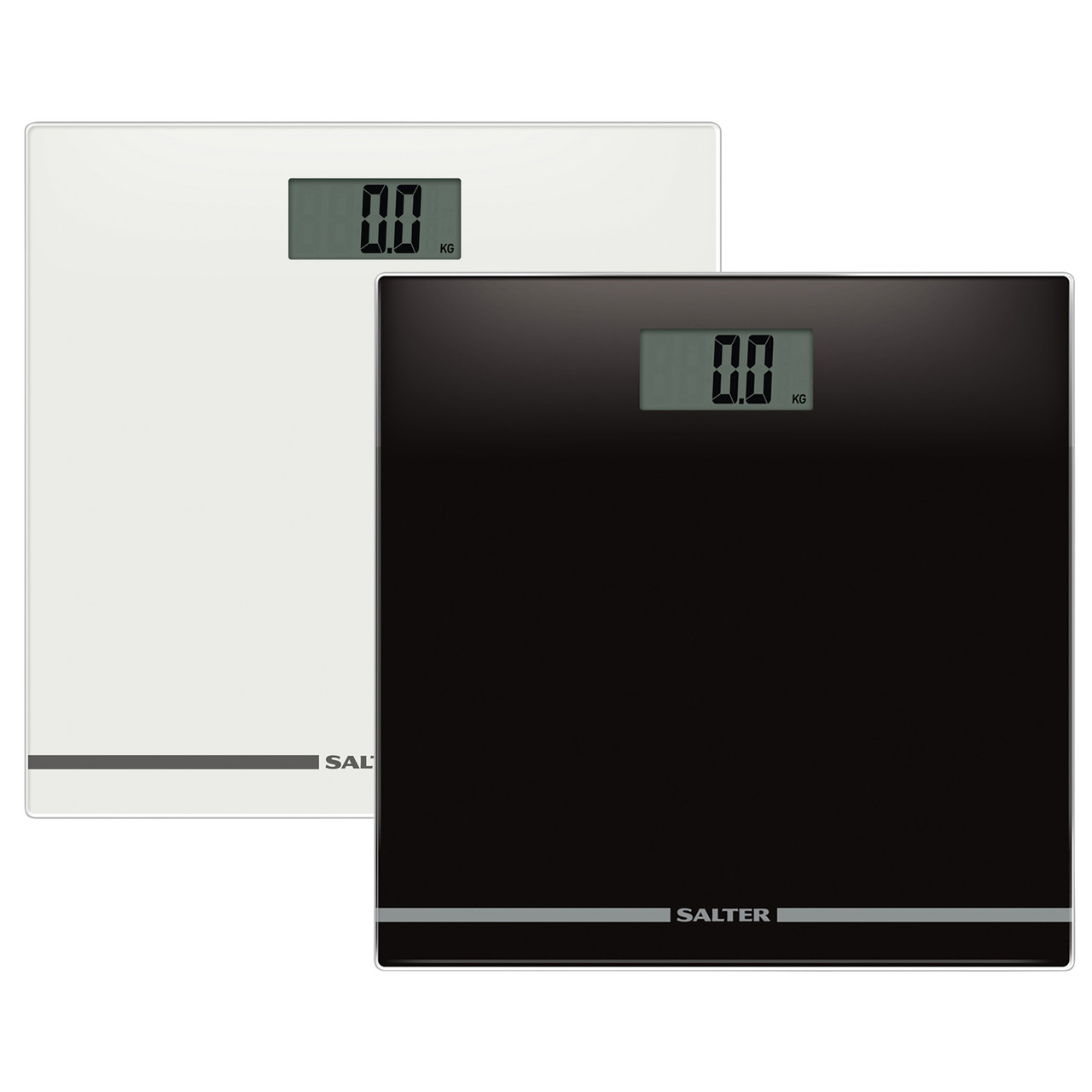 Black digital bathroom scales on tiled floor