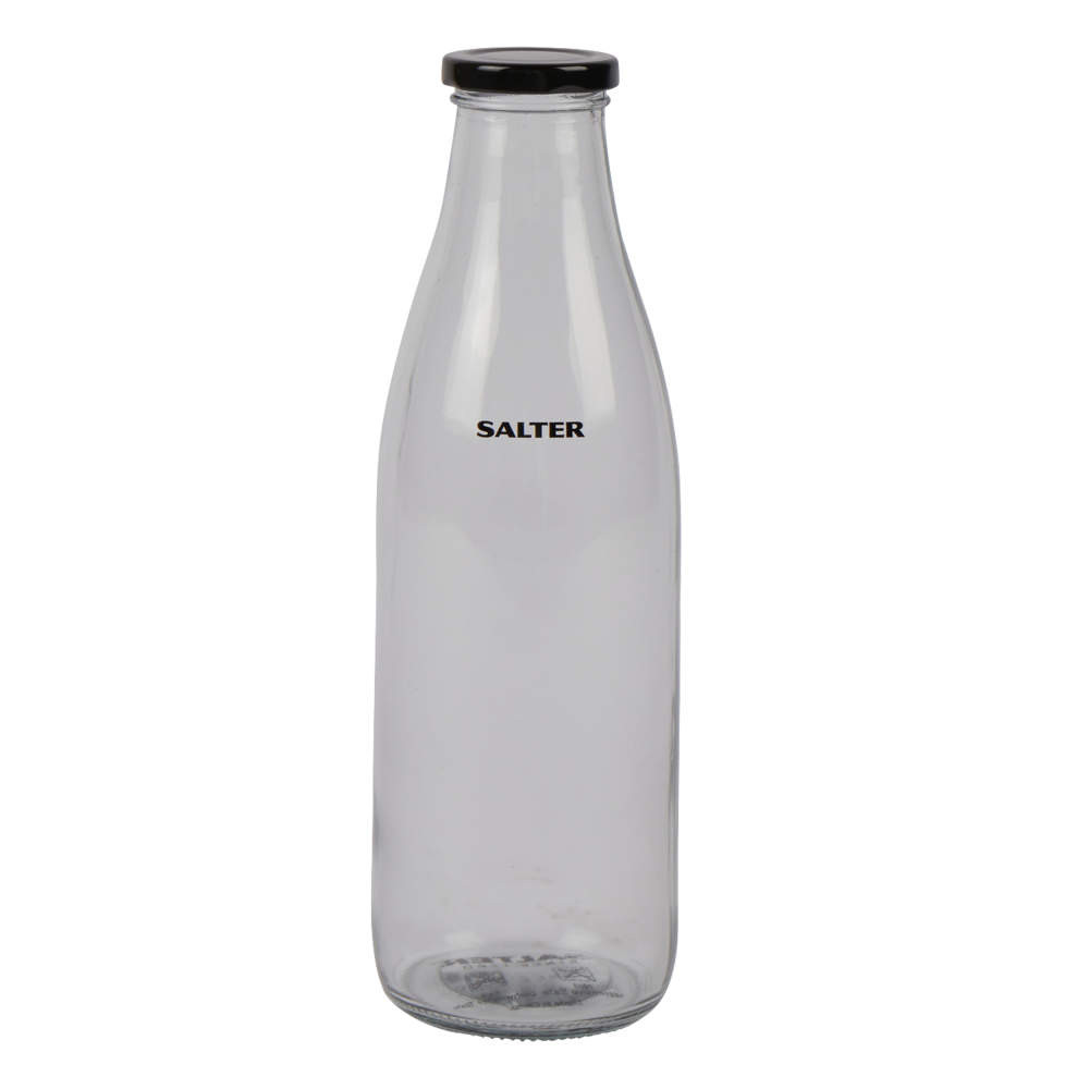 Clear glass drinks bottle with black lid