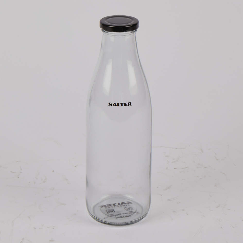 Clear glass water bottle with black lid