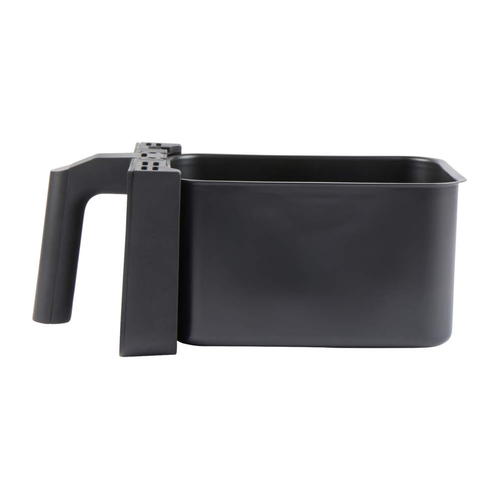Black removable cooking pan with handle, side view