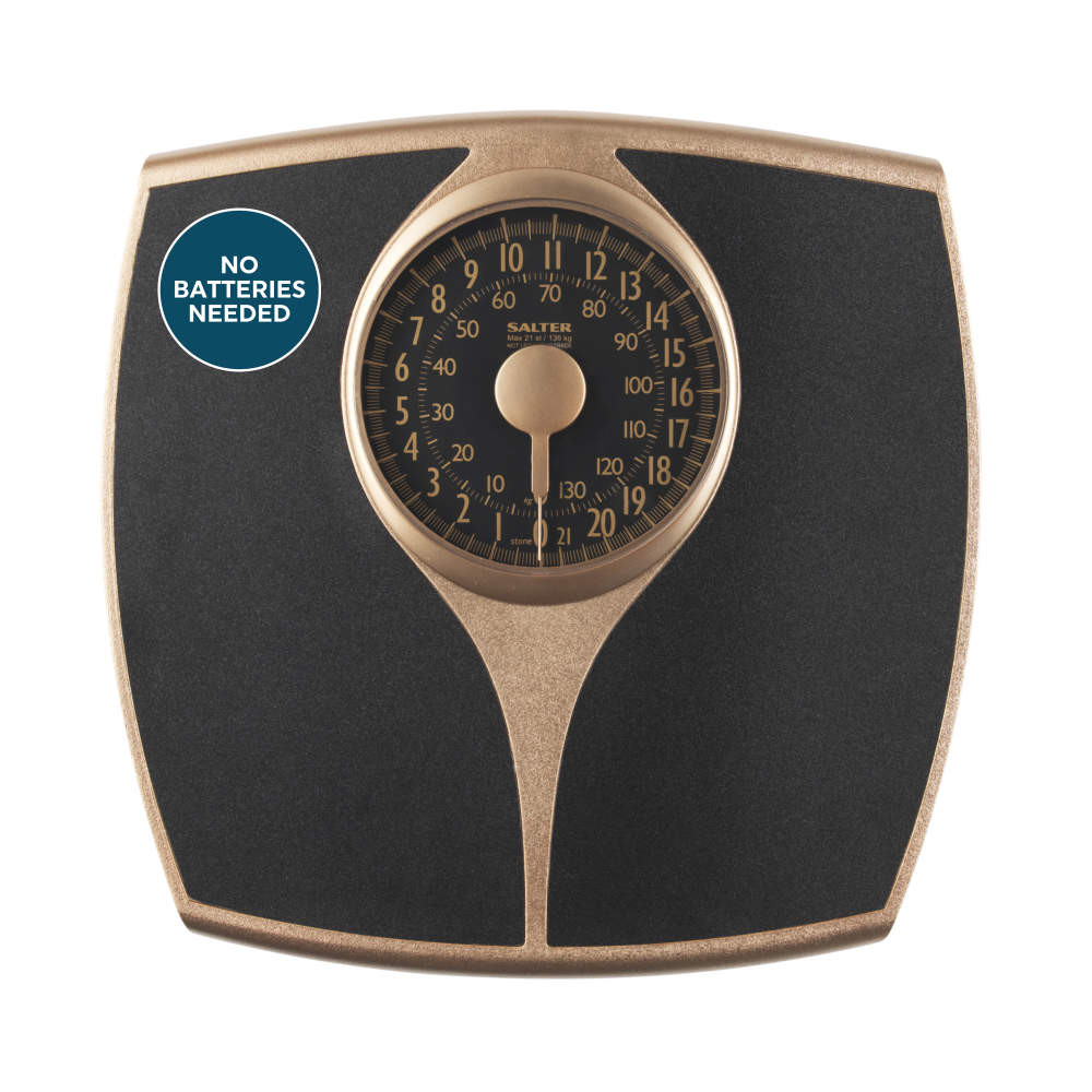 Gold and black analogue bathroom scale with large dial