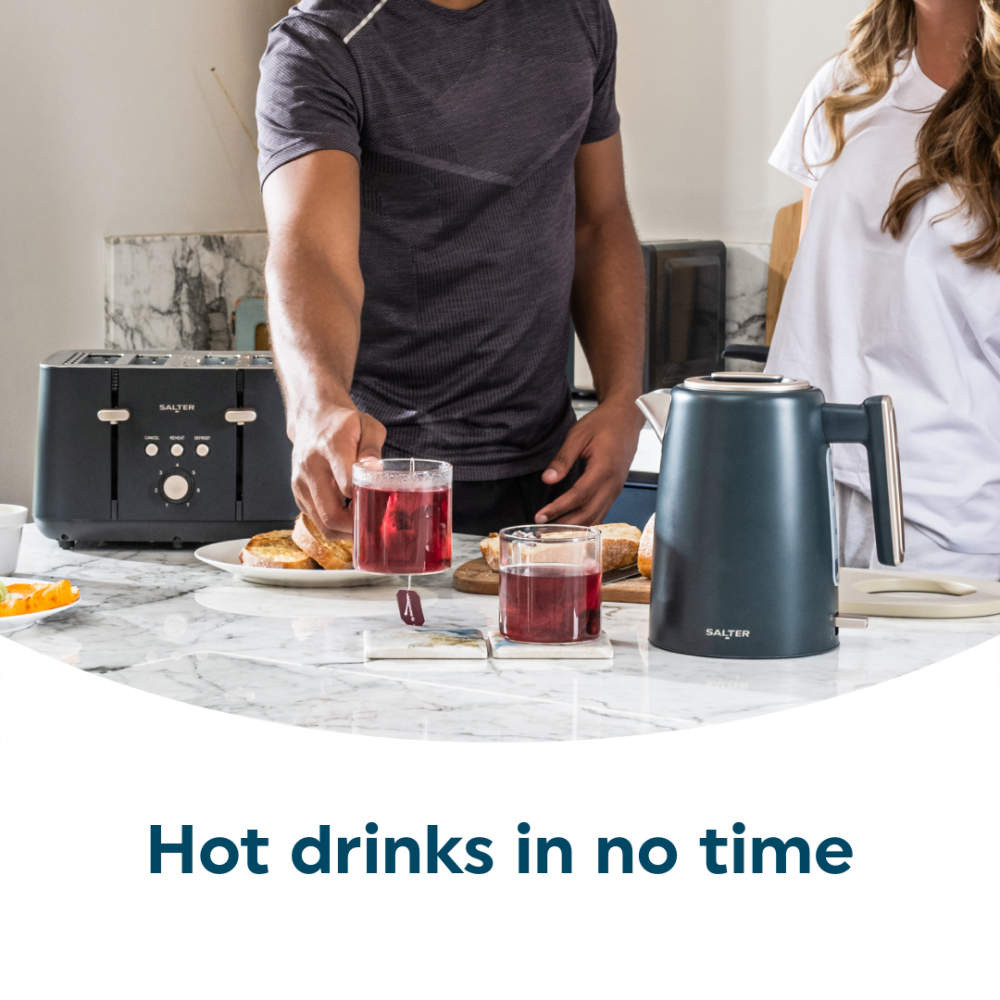 Kitchen scene with grey Salter kettle and toaster, with text Hot drinks in no time