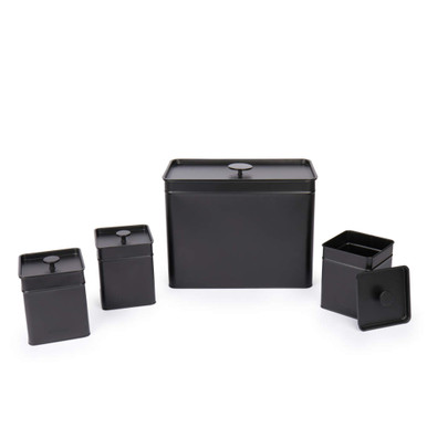 Set of four matte black metal kitchen storage tins with lids, shown in different sizes.