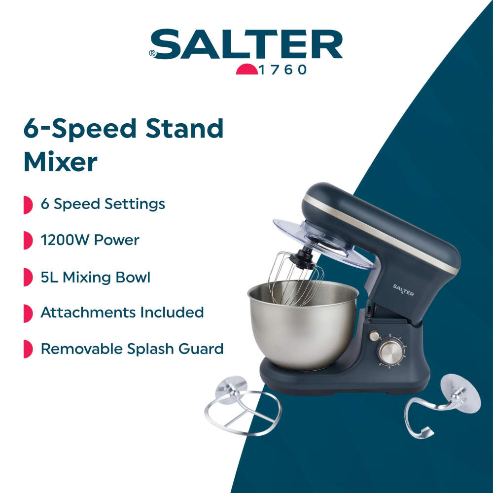 Grey 6-speed stand mixer with 5L bowl, attachments, and removable splash guard.