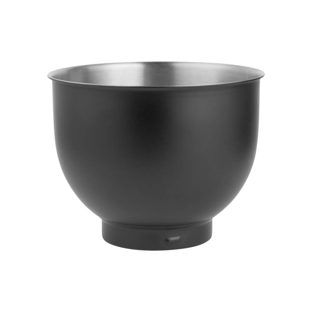 Black mixing bowl with stainless steel interior, front view