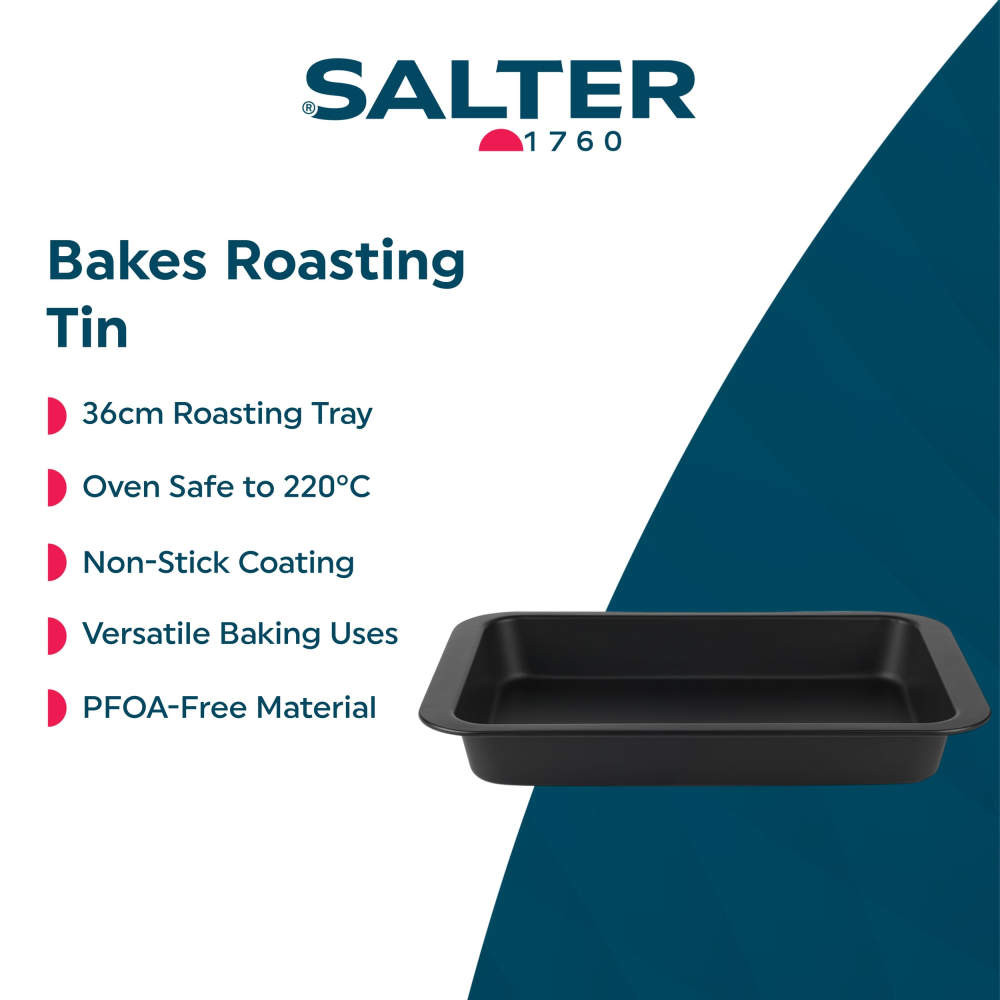 Black non-stick 36cm roasting tin, oven safe to 220°C, shown on white and blue banner.