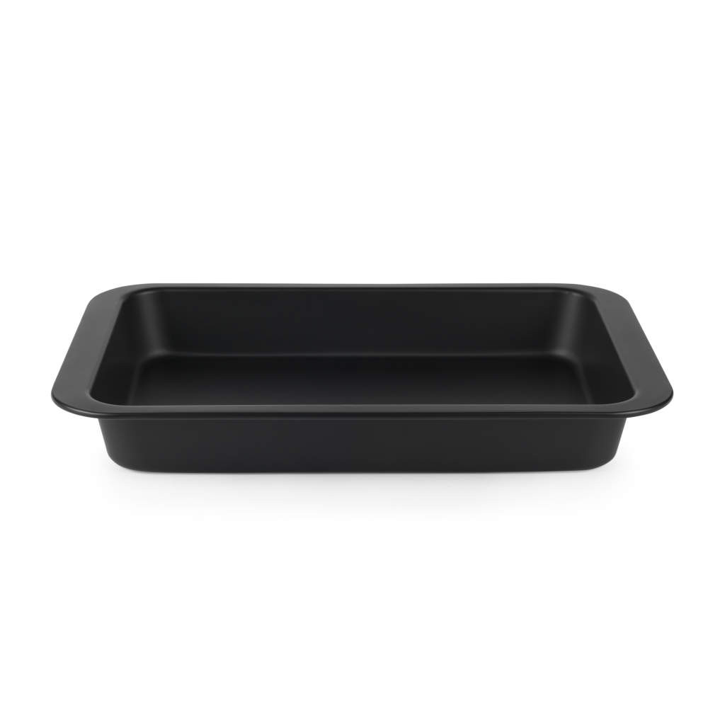 Black rectangular roasting tin, non-stick metal, photographed empty on a white background