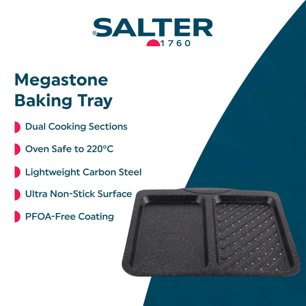 Black dual-section non-stick baking tray, lightweight carbon steel, shown for oven use.