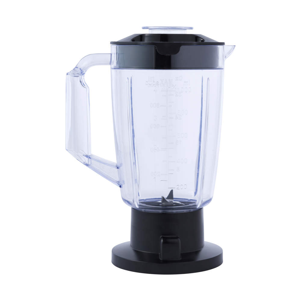 Clear blender jug with black lid and base, front view