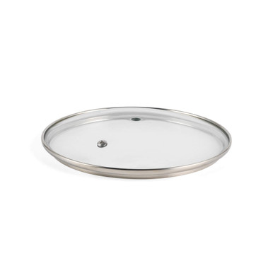 Glass pan lid with stainless steel rim and steam vent, shown on white background