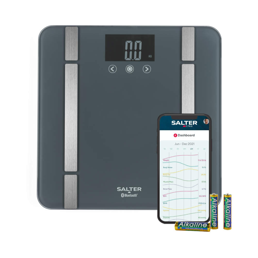 Graphite smart bathroom scale with Bluetooth, digital display, phone app, and alkaline batteries
