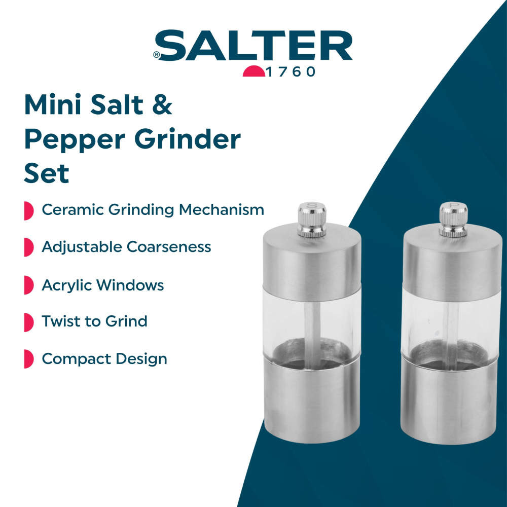 Mini silver salt and pepper grinder set with clear acrylic window, compact design.