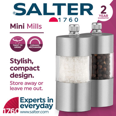 Salter 7722 SSTURA Electric Salt & Pepper Grinder Set - BPA-Free, Spice  Mills, One Handed Operation, Battery Powered, 60g Salt Crystals/30g