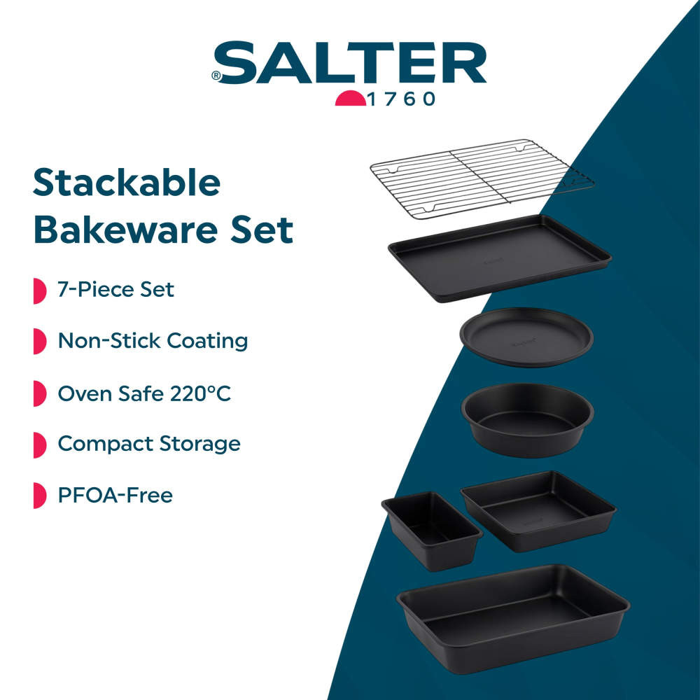 Banner for Salter stackable bakeware set; shows non-stick, 7-piece set, oven safe to 220°C.