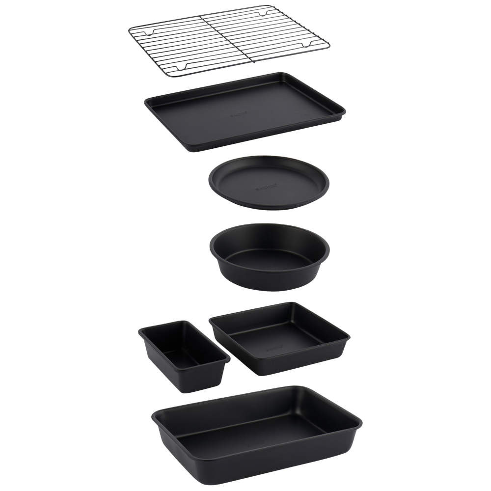 Seven-piece black non-stick bakeware set shown isolated on white background