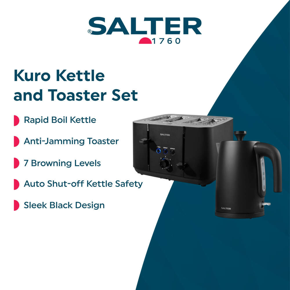 Salter Kuro black kettle and toaster set, rapid boil and anti-jamming, 7 browning levels, safety auto shut-off.
