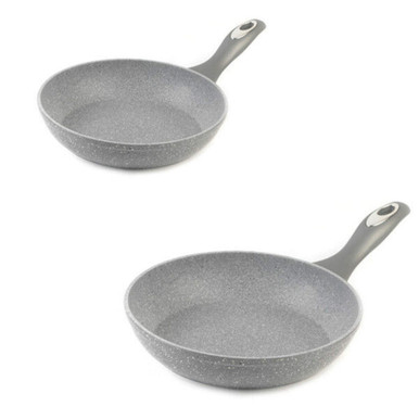Set of two grey non-stick frying pans with speckled finish and ergonomic handles