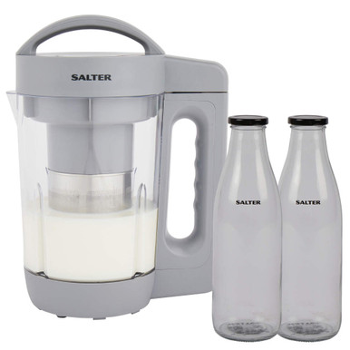 Salter plant milk maker in grey with two empty glass bottles