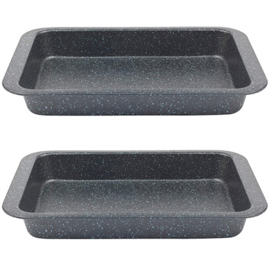 Set of 2 black speckled non-stick roasting trays, rectangular, shown from above.