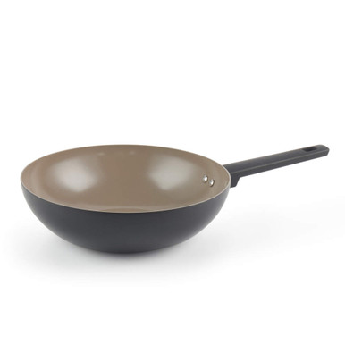 Non-stick brown wok pan with black handle, shown at an angle on white background