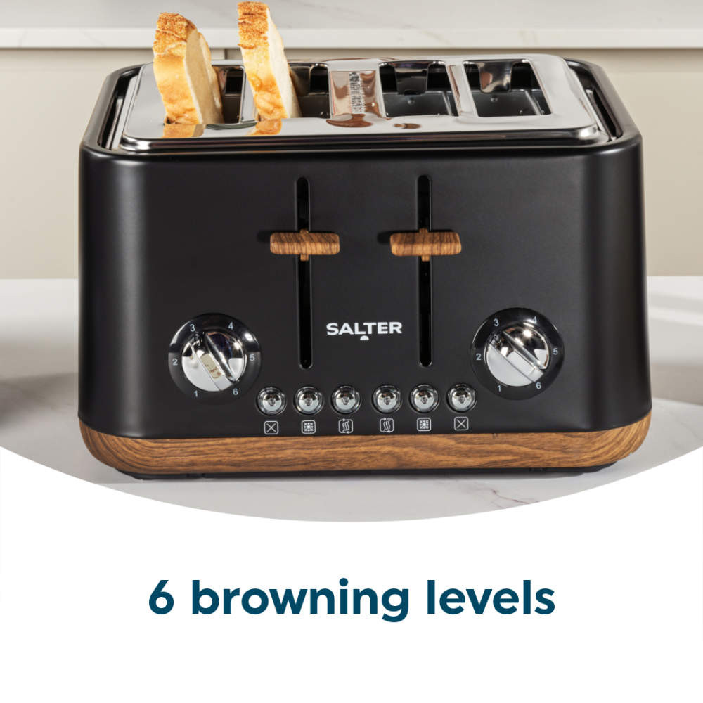 Black four-slice toaster with wood-effect trim and 6 browning levels